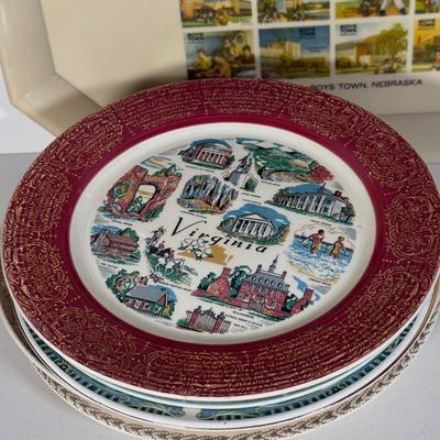 LOT 116D: Collection of Souvenir Plates, Wooden Plate Frames, Tasco Binoculars in Box & Vintage 1960s "Touring Kit"