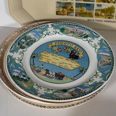 LOT 116D: Collection of Souvenir Plates, Wooden Plate Frames, Tasco Binoculars in Box & Vintage 1960s "Touring Kit"