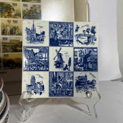 LOT 116D: Collection of Souvenir Plates, Wooden Plate Frames, Tasco Binoculars in Box & Vintage 1960s "Touring Kit"