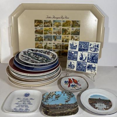 LOT 116D: Collection of Souvenir Plates, Wooden Plate Frames, Tasco Binoculars in Box & Vintage 1960s "Touring Kit"