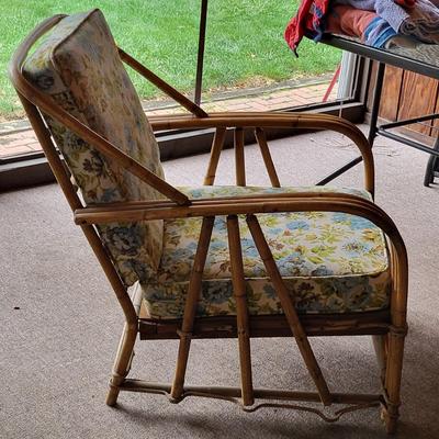 LOT 124P: Pair of Vintage Rattan Bamboo Porch Chairs with Floral Pattern Cushions