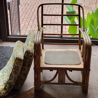 LOT 124P: Pair of Vintage Rattan Bamboo Porch Chairs with Floral Pattern Cushions