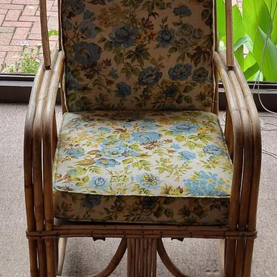 LOT 124P: Pair of Vintage Rattan Bamboo Porch Chairs with Floral Pattern Cushions