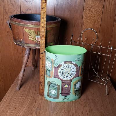 LOT 129L: MCM Decor; Magazine Rack, Wastebasket, Americana Bucket Plantstand