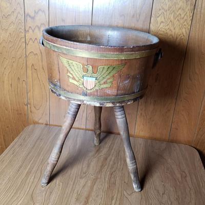 LOT 129L: MCM Decor; Magazine Rack, Wastebasket, Americana Bucket Plantstand