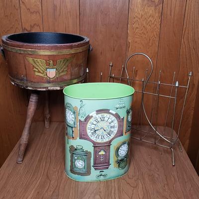 LOT 129L: MCM Decor; Magazine Rack, Wastebasket, Americana Bucket Plantstand