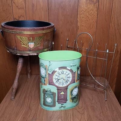 LOT 129L: MCM Decor; Magazine Rack, Wastebasket, Americana Bucket Plantstand
