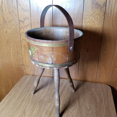 LOT 129L: MCM Decor; Magazine Rack, Wastebasket, Americana Bucket Plantstand