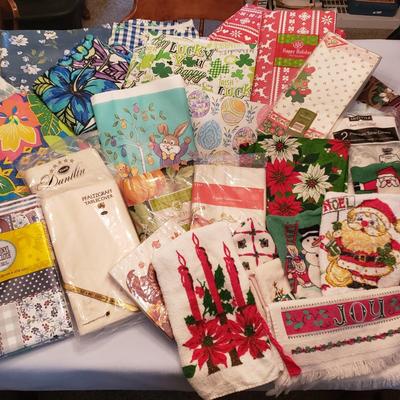 LOT 137L: Huge Lot of Vintage Tablecloths for Every Occasion & Holiday Kitchen Towels