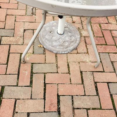 LOT 139: Glass Outdoor Table with Adjustable Umbrella & Stand