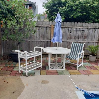 LOT 140: PVC Pipe Patio Set; Bar Cart, Chair, Table &Umbrella with Stand