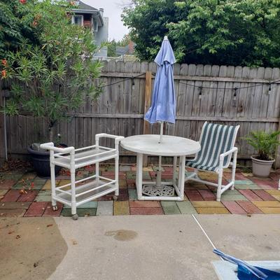 LOT 140: PVC Pipe Patio Set; Bar Cart, Chair, Table &Umbrella with Stand