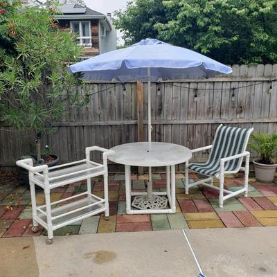LOT 140: PVC Pipe Patio Set; Bar Cart, Chair, Table &Umbrella with Stand