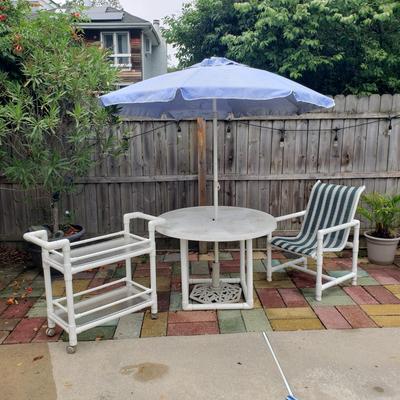 LOT 140: PVC Pipe Patio Set; Bar Cart, Chair, Table &Umbrella with Stand