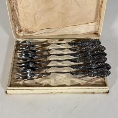 LOT 143D: Sterling & Mother of Pearl Spoon, Cheese Knife w/ Set of 6 Silver Plated Cocktail Forks