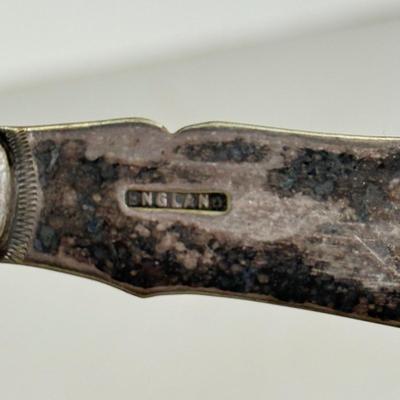 LOT 143D: Sterling & Mother of Pearl Spoon, Cheese Knife w/ Set of 6 Silver Plated Cocktail Forks