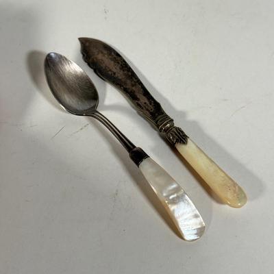 LOT 143D: Sterling & Mother of Pearl Spoon, Cheese Knife w/ Set of 6 Silver Plated Cocktail Forks