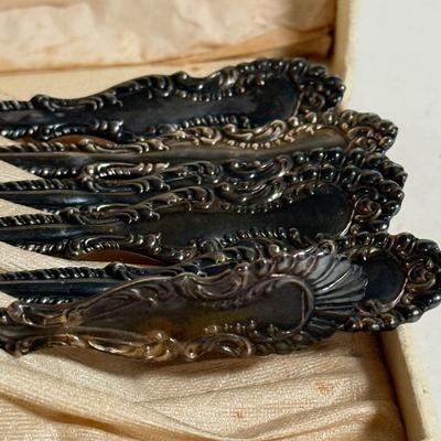 LOT 143D: Sterling & Mother of Pearl Spoon, Cheese Knife w/ Set of 6 Silver Plated Cocktail Forks