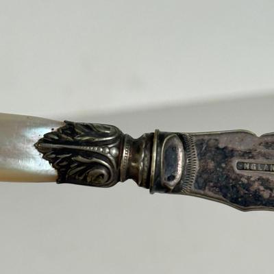 LOT 143D: Sterling & Mother of Pearl Spoon, Cheese Knife w/ Set of 6 Silver Plated Cocktail Forks