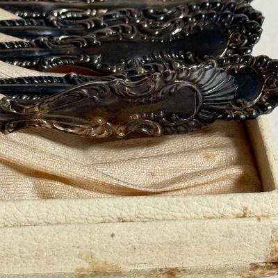 LOT 143D: Sterling & Mother of Pearl Spoon, Cheese Knife w/ Set of 6 Silver Plated Cocktail Forks
