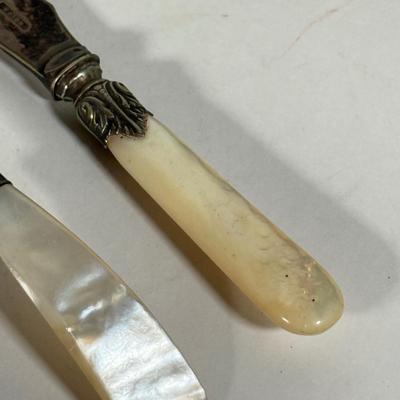 LOT 143D: Sterling & Mother of Pearl Spoon, Cheese Knife w/ Set of 6 Silver Plated Cocktail Forks