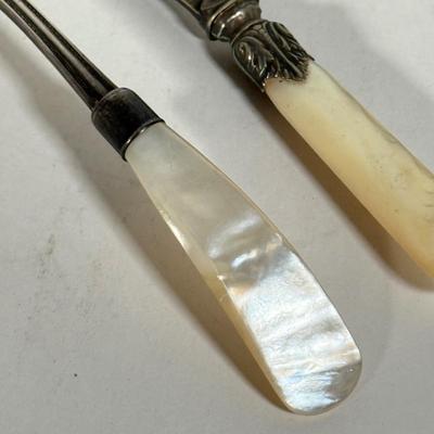 LOT 143D: Sterling & Mother of Pearl Spoon, Cheese Knife w/ Set of 6 Silver Plated Cocktail Forks