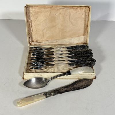 LOT 143D: Sterling & Mother of Pearl Spoon, Cheese Knife w/ Set of 6 Silver Plated Cocktail Forks