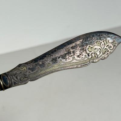 LOT 143D: Sterling & Mother of Pearl Spoon, Cheese Knife w/ Set of 6 Silver Plated Cocktail Forks