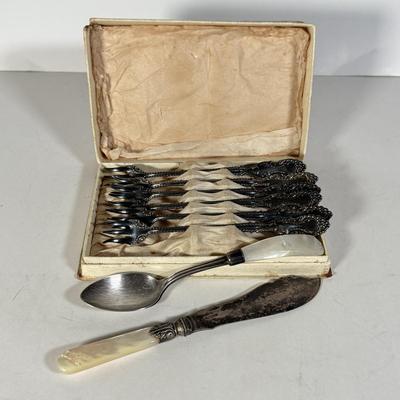 LOT 143D: Sterling & Mother of Pearl Spoon, Cheese Knife w/ Set of 6 Silver Plated Cocktail Forks