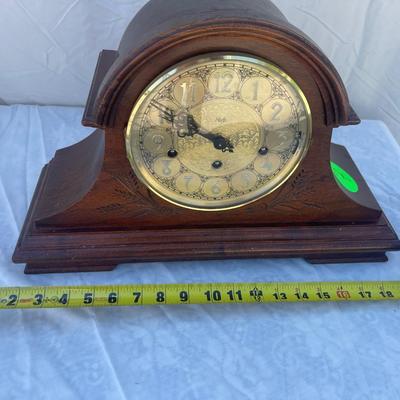Sale Photo Thumbnail #59: Beautiful Sligh Mantel Clock, in good condition. Some damage to the wood on the top and back of the clock, front looks great. Inside appears very clean. Approximately 17"x7"x10"