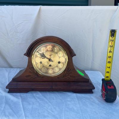 Sale Photo Thumbnail #60: Beautiful Sligh Mantel Clock, in good condition. Some damage to the wood on the top and back of the clock, front looks great. Inside appears very clean. Approximately 17"x7"x10"
