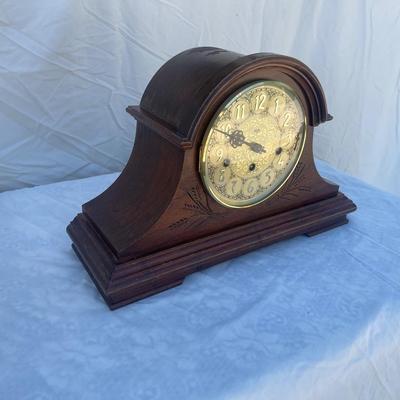 Sale Photo Thumbnail #57: Beautiful Sligh Mantel Clock, in good condition. Some damage to the wood on the top and back of the clock, front looks great. Inside appears very clean. Approximately 17"x7"x10"