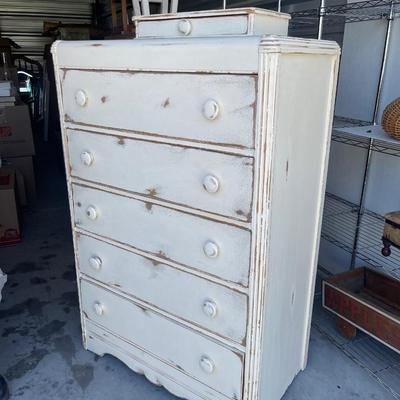 Sale Photo Thumbnail #74: 6 drawer cedar dresser with original shipping label from William Volker & Co on back. Slight wear all over, but huge potential! Dresser has 5 large drawers and 1 smaller accessories drawer on top. Approximately 34"x19"x51".