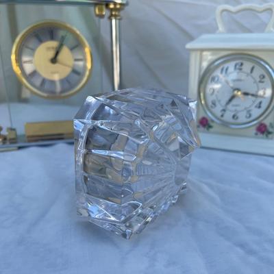 Sale Photo Thumbnail #97: 3 antique battery operated table clocks, selling as a set. Front clock is carved glass, approximately 3"x2"x3". Back left clock is set in glass with gold and silver accents, has "Mom & Dad" etched into gold plate beneath face, and is approximately 6"x1"x6