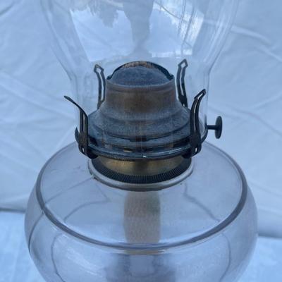 Sale Photo Thumbnail #153: Antique Glass Oil Lamp with wick and removable glass chimney. Approximately 5" base and 21" height (including glass chimney). Funky size and great condition!