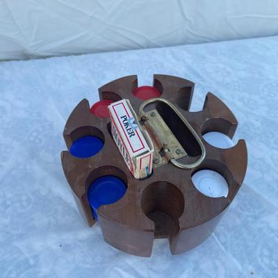 Sale Photo Thumbnail #168: Rotating poker chip and card holder complete with 3 colors of plastic chips (6 stacks) and one (open) deck of cards. Everything you need to play a game with two of your best friends!