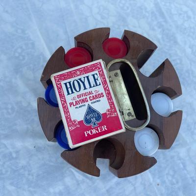 Sale Photo Thumbnail #169: Rotating poker chip and card holder complete with 3 colors of plastic chips (6 stacks) and one (open) deck of cards. Everything you need to play a game with two of your best friends!