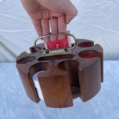 Sale Photo Thumbnail #171: Rotating poker chip and card holder complete with 3 colors of plastic chips (6 stacks) and one (open) deck of cards. Everything you need to play a game with two of your best friends!
