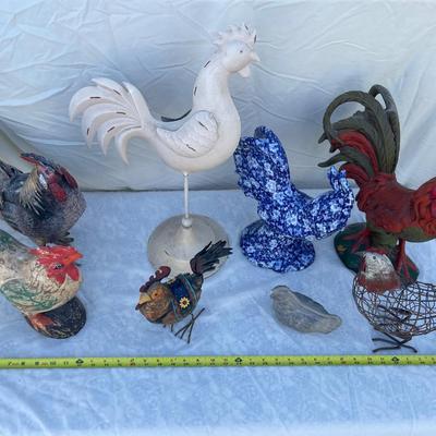 Sale Photo Thumbnail #184: Lot of 8 rooster/chicken sculptures in a variety of sizes. 4 are plaster/pottery, 4 are metal. Great variety for a chicken lover!