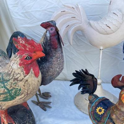 Sale Photo Thumbnail #180: Lot of 8 rooster/chicken sculptures in a variety of sizes. 4 are plaster/pottery, 4 are metal. Great variety for a chicken lover!