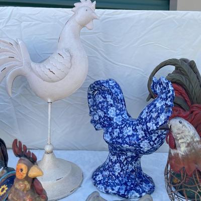Sale Photo Thumbnail #181: Lot of 8 rooster/chicken sculptures in a variety of sizes. 4 are plaster/pottery, 4 are metal. Great variety for a chicken lover!