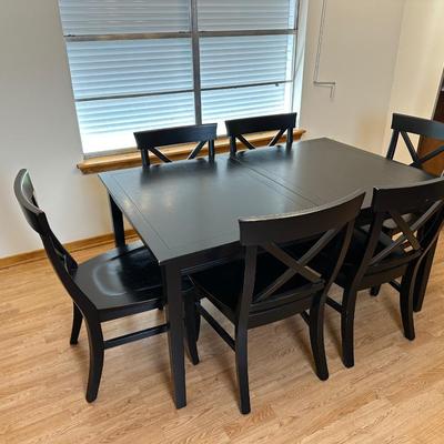 Pottery Barn Black Dining Table with 6 X-Back Chairs & Extension Leaf