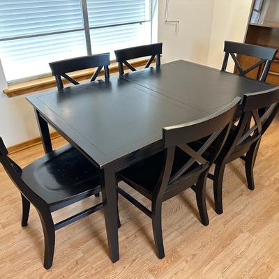 Pottery Barn Black Dining Table with 6 X-Back Chairs & Extension Leaf