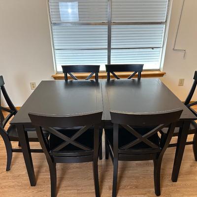 Pottery Barn Black Dining Table with 6 X-Back Chairs & Extension Leaf