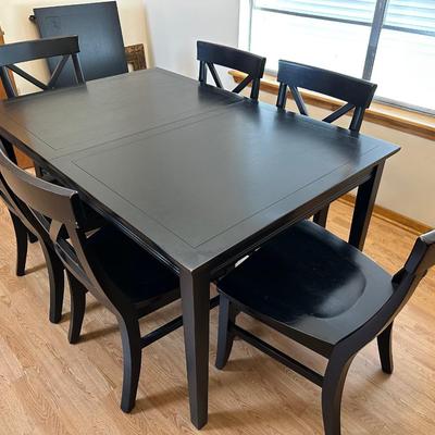 Pottery Barn Black Dining Table with 6 X-Back Chairs & Extension Leaf