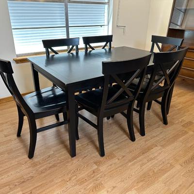 Pottery Barn Black Dining Table with 6 X-Back Chairs & Extension Leaf