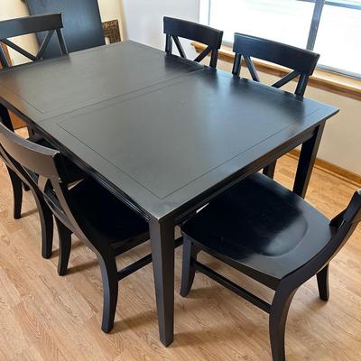 Pottery Barn Black Dining Table with 6 X-Back Chairs & Extension Leaf