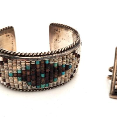 Lot #41 2-Piece Matching Jewelry Lot - Sterling (tested) Southwest Beaded Bracelet & Ring