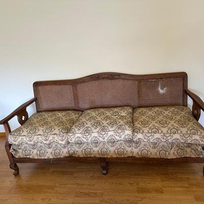 Antique Caned Back Settee with Carved Crest & Cabriole Legs