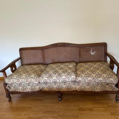 Antique Caned Back Settee with Carved Crest & Cabriole Legs
